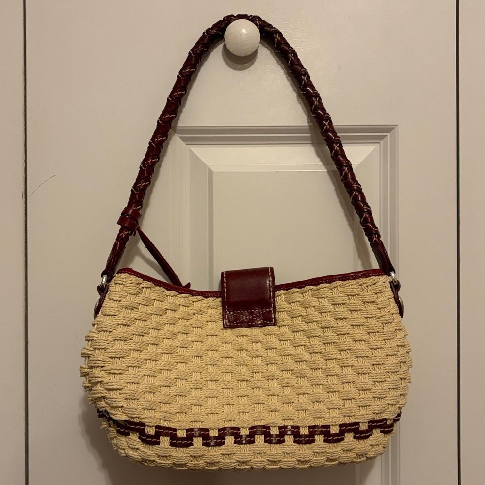 BRIGHTON Phyllis Natural Straw Red Leather Lined Shoulder Bag Braided Strap - Picture 3 of 7